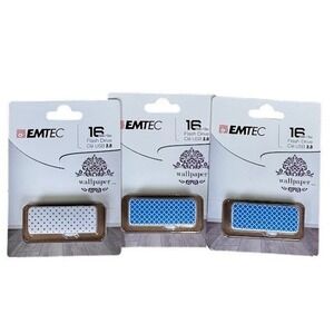 Lot of 3 Emtec 16GB USB 2.0 Flash Drives Wallpaper Series Blue White Patterns